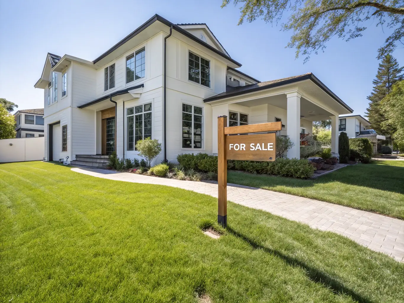 A modern home exterior with a 'sold' sign in the front yard, under a sunny sky, representing the achievement of homeownership through a qualified mortgage.