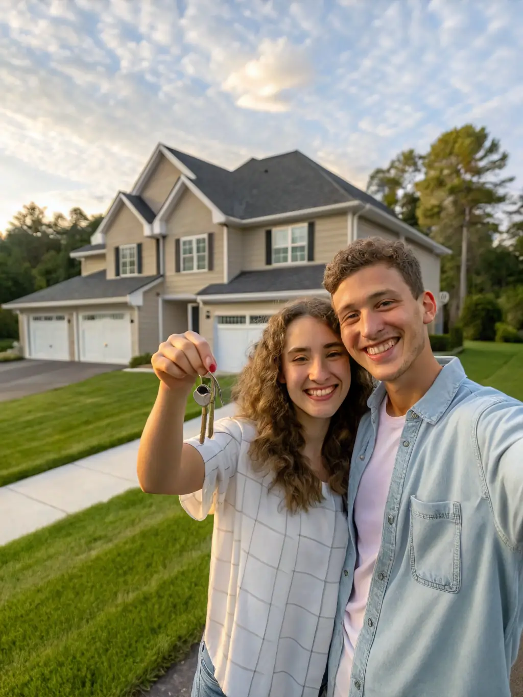 A young couple joyfully holding keys to their new home, symbolizing the dream of homeownership achieved through Mortgage Strategist's first-time homebuyer assistance.