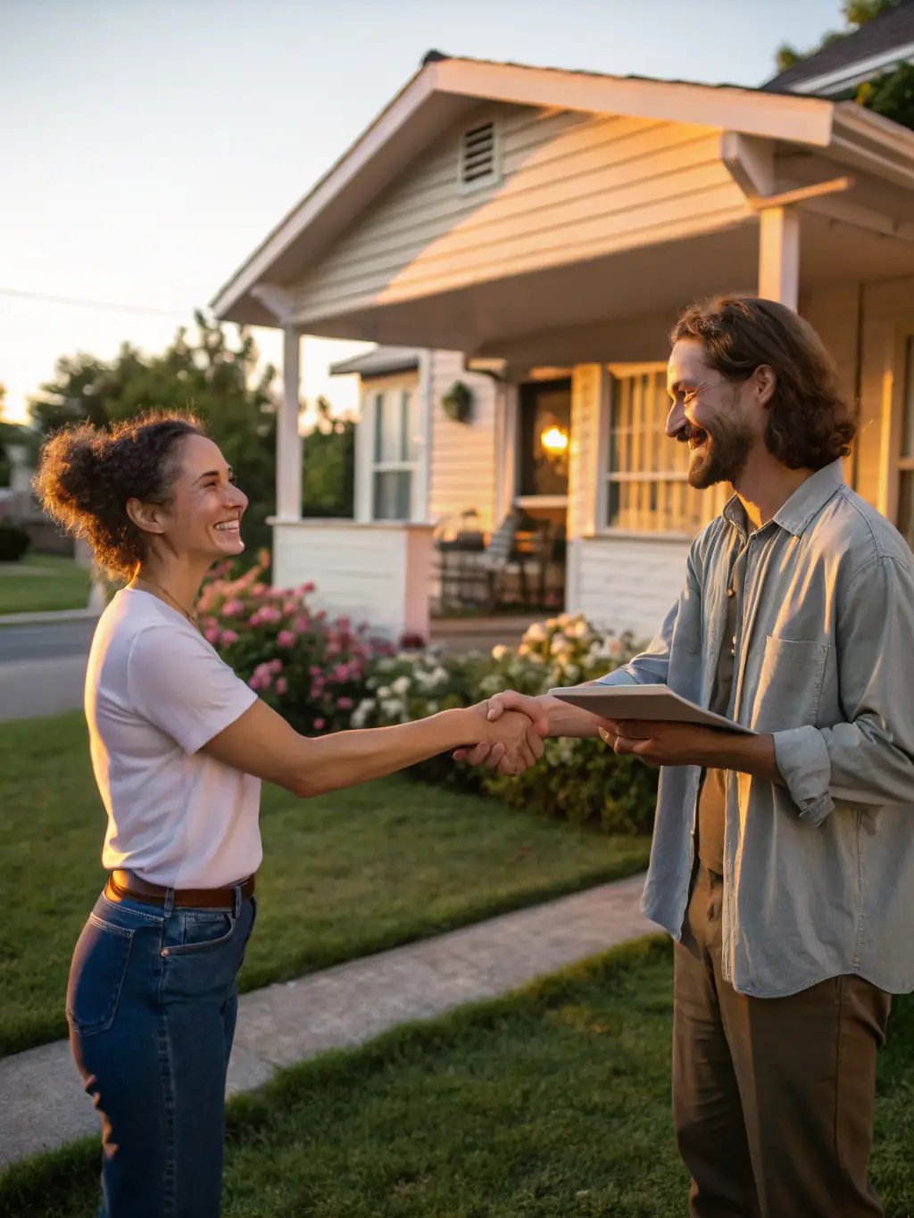 A friendly loan officer shaking hands with a new homeowner in front of a house, symbolizing the initial consultation.