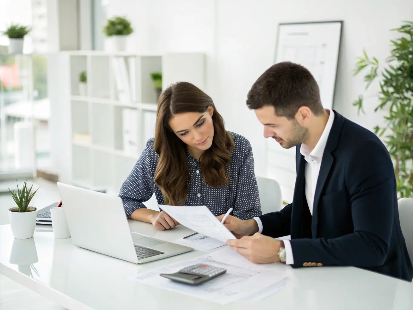 A mortgage loan officer sitting at a desk, reviewing financial documents with a client in a bright and modern office setting, representing personalized service for non-qualified mortgages.