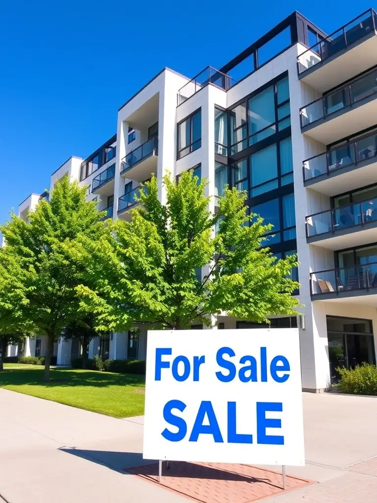 A modern apartment building with a 'For Sale' sign, representing Mortgage Strategist's expertise in financing investment properties.